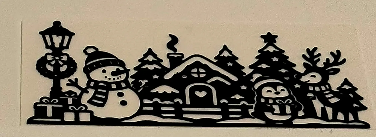 Arte mural navideño impreso en 3D: muñeco de nieve, casita, pinos y renos